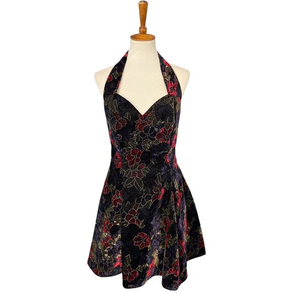 Vintage 90s Y2K Rampage Dark Romantic Whimsigoth Floral Halter Mini Dress - Picture 1 of 8